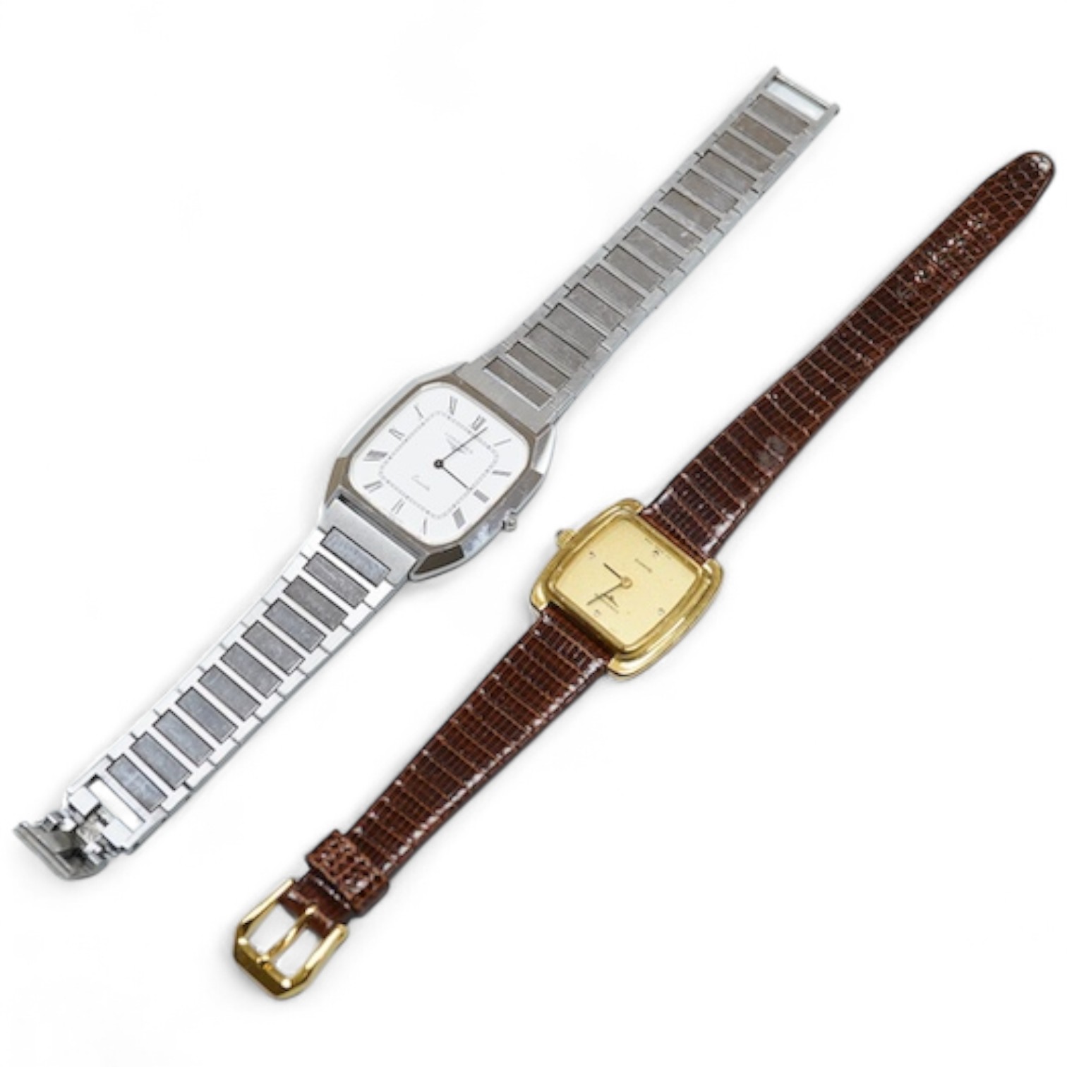A gentleman's recent stainless steel backed Longines quartz wrist watch, with Roman dial, case diameter 31mm, on a steel bracelet, together with a lady's steel and gold plated Longines quartz wrist watch, case diameter 2